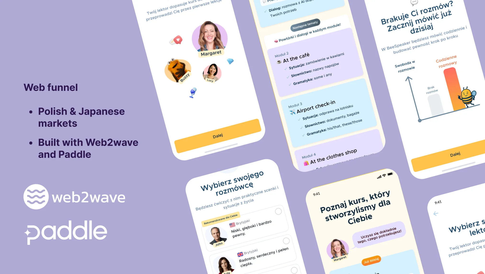 Web funnel screens for Polish and Japanese markets, built with Web2wave and Paddle