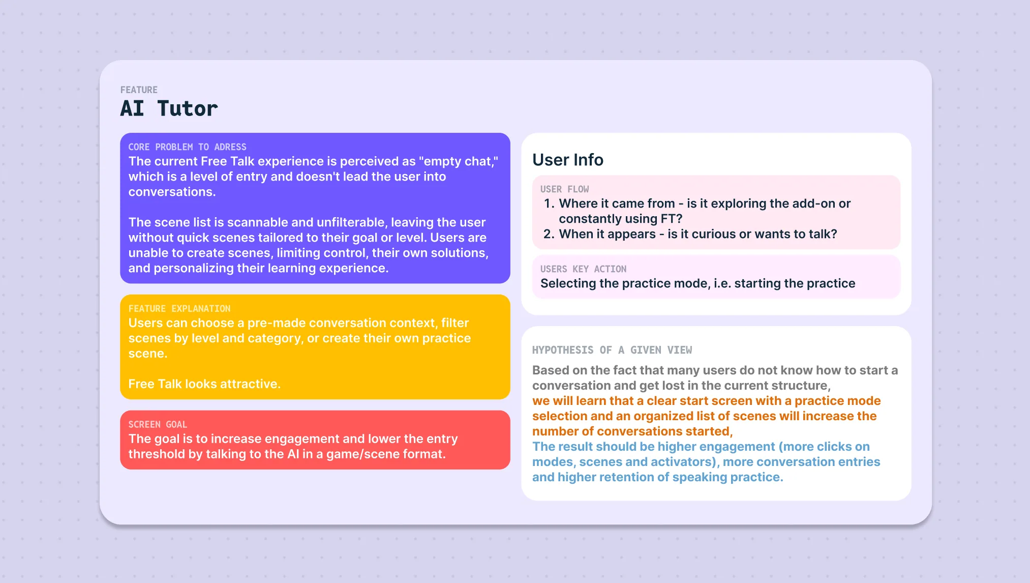 AI Tutor screen brief — core problem, feature explanation, screen goal, user flow and hypothesis