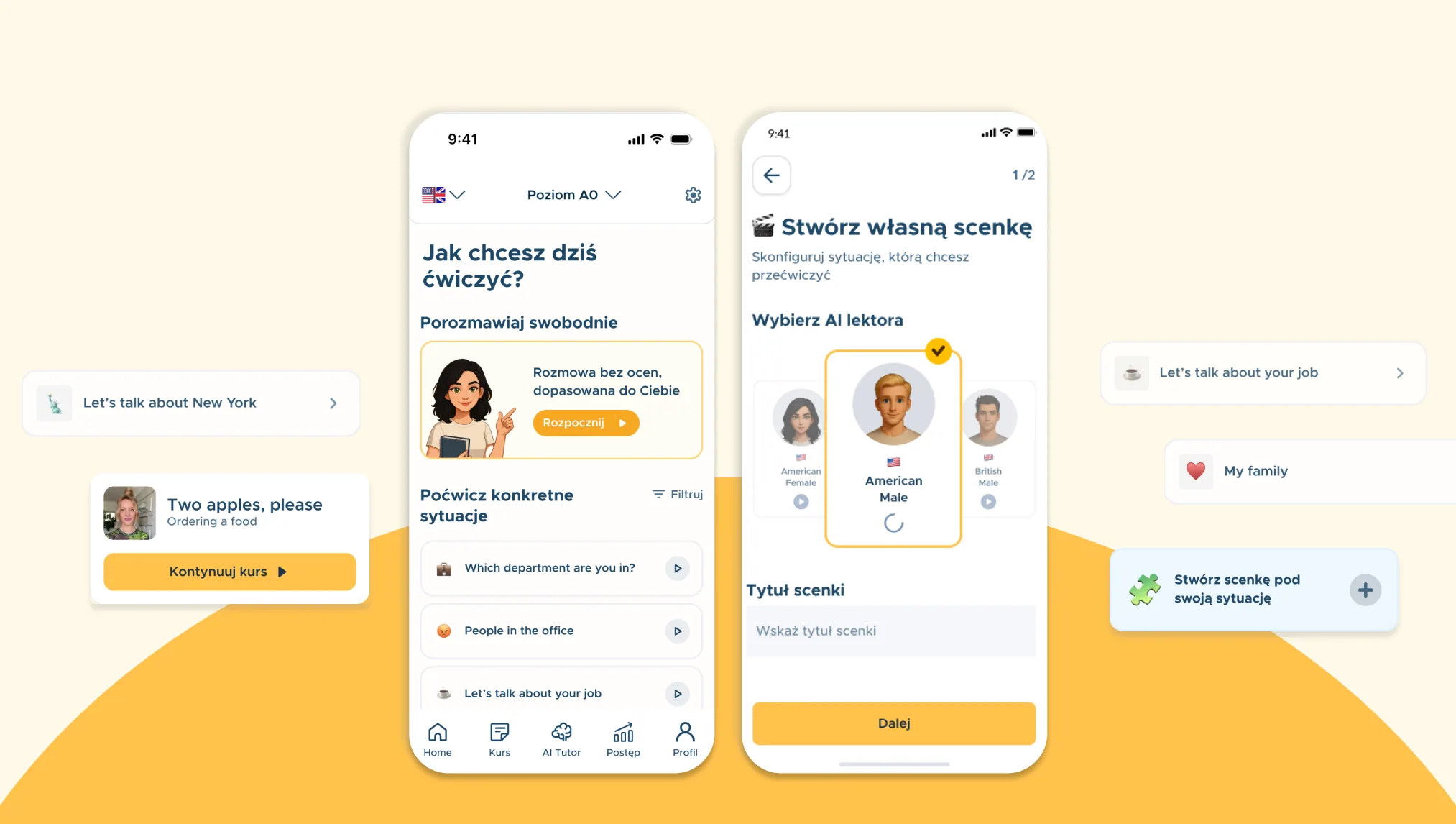 Final AI Tutor screens — practice home with open conversation and custom scenario entry points, and the create-scenario flow