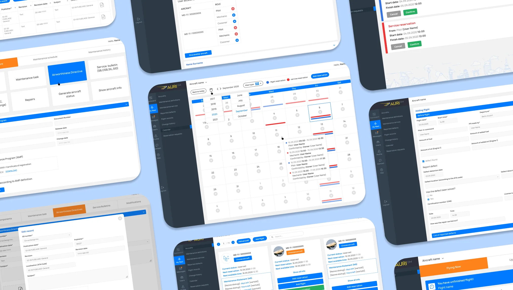 AURI aircraft maintenance platform — maintenance records, airworthiness directives, reservation calendar, flight logging, and defect reporting across desktop and mobile