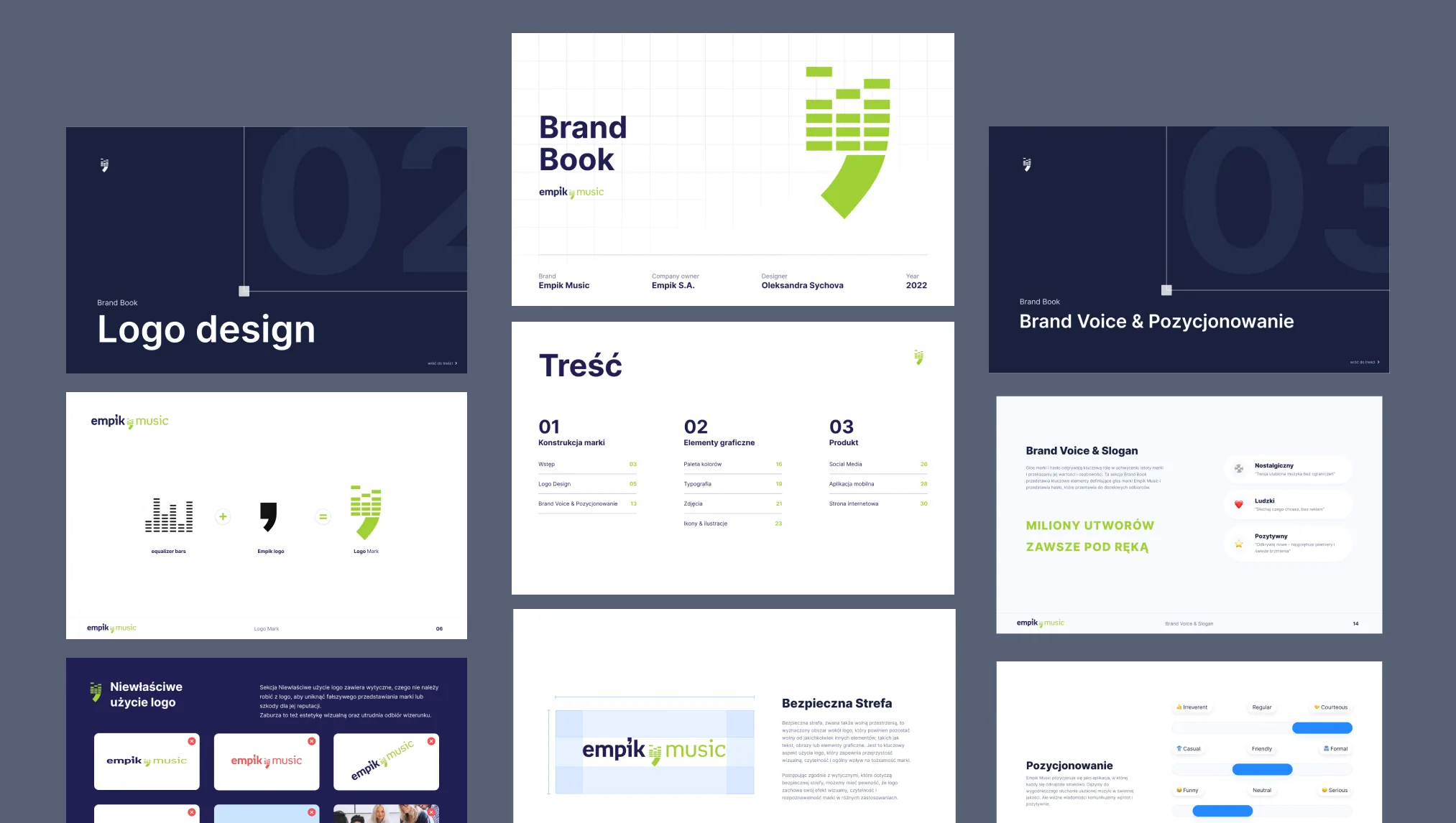 Empik Music brand book — cover, contents, logo design and construction, safe zone, misuse rules, and brand voice and positioning