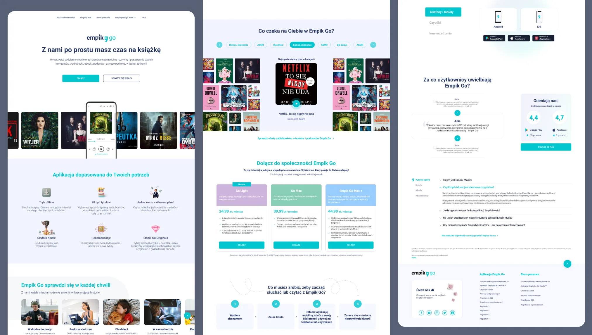 Empik Go landing page redesign — hero, feature grid, content categories, subscription plans, onboarding steps, and reviews