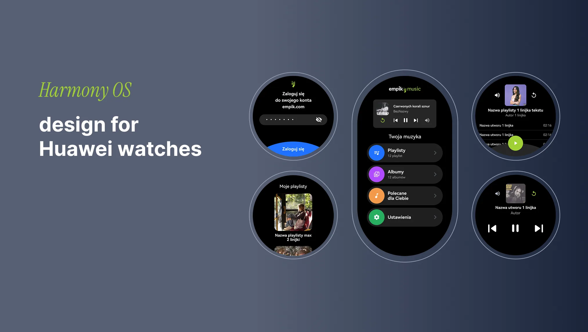 Empik Music designed for Huawei watches on HarmonyOS — login, now playing, playlists, and player screens on round and oval watch faces