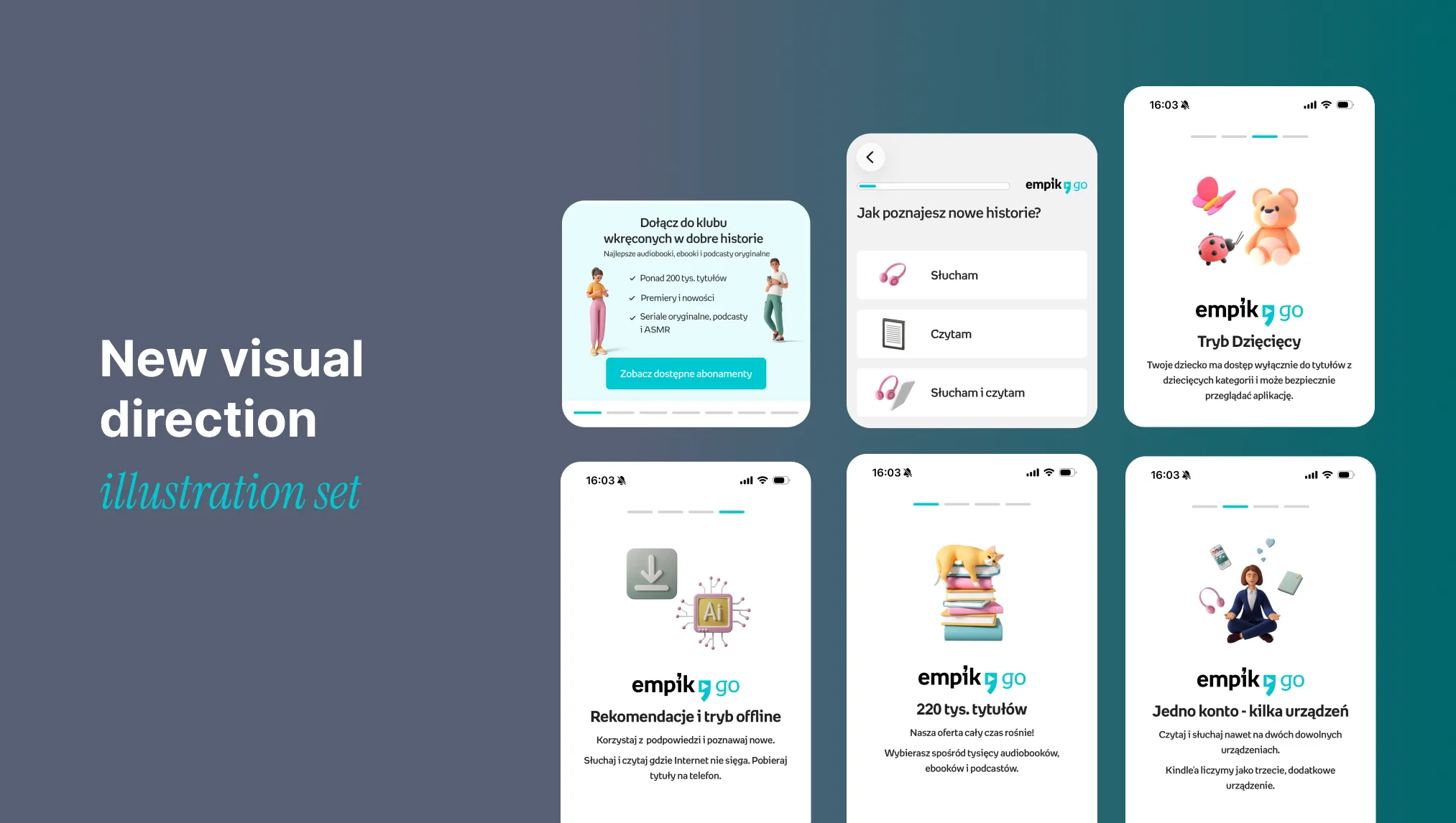 Empik Go new visual direction — illustration set across onboarding and feature screens