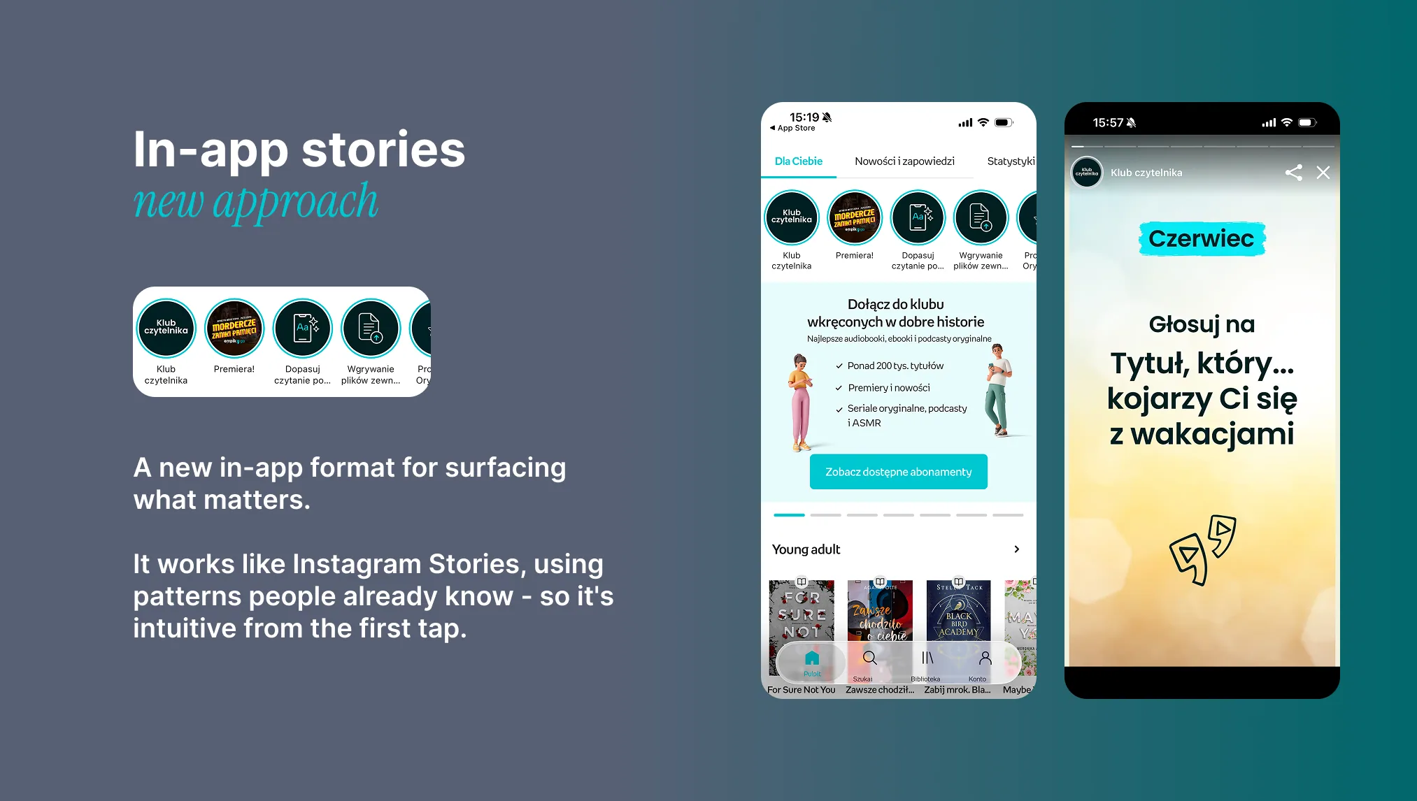 Empik Go InAppStory — a Stories-style format inside the app, shown in the reader club feed and a full-screen story