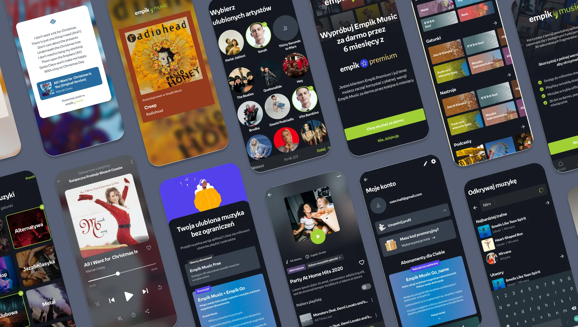 Empik Music redesigned screens — lyrics, album view, artist selection onboarding, premium paywall, genres and moods, now playing, account, search, and discovery