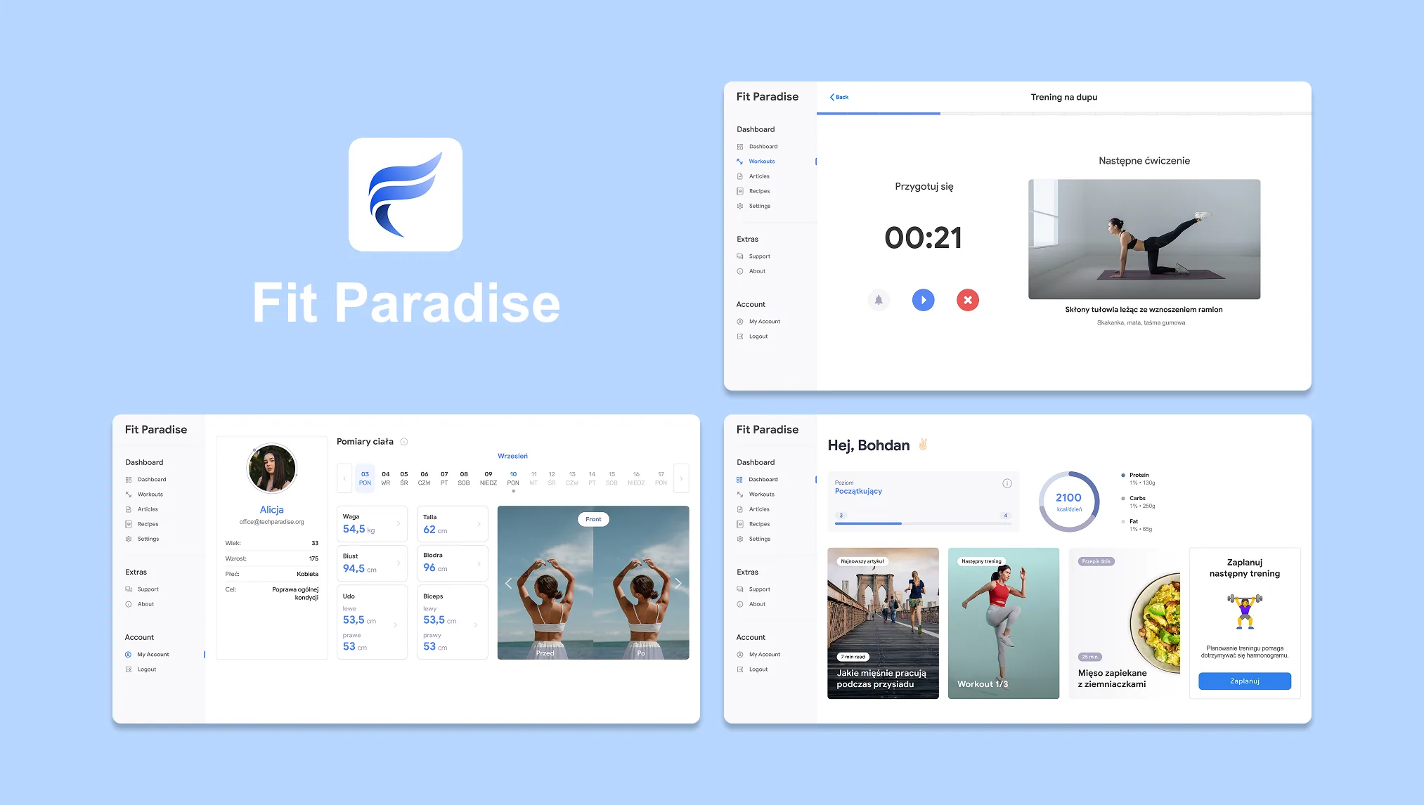 Fit Paradise desktop screens — dashboard, workout player, body measurements, and personalized content cards