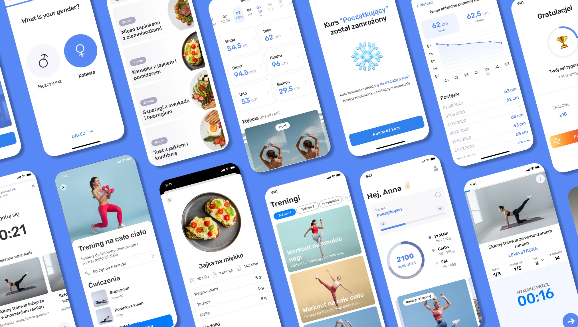 Fit Paradise mobile screens — onboarding, recipes, body measurements, course state, progress tracking, workouts, and exercise player