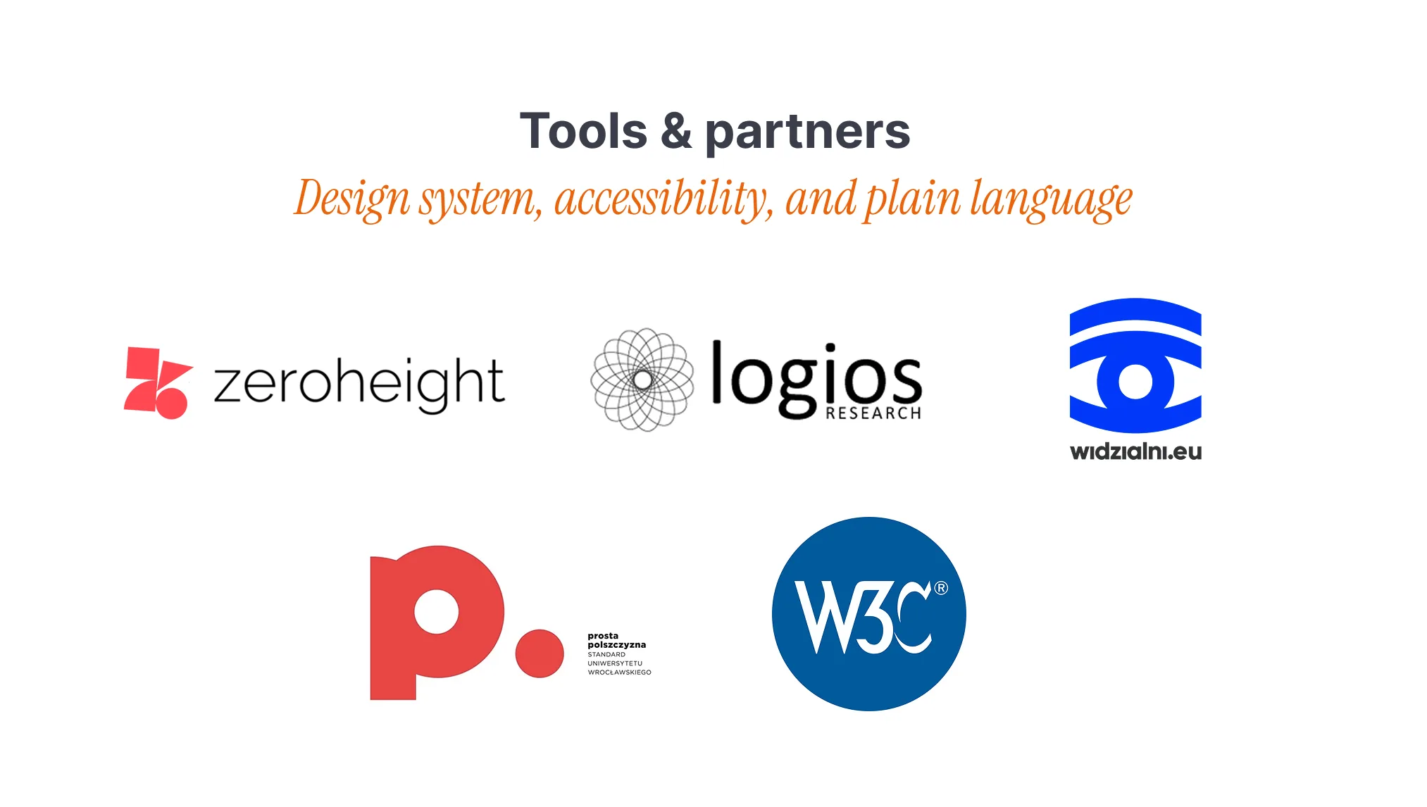 Tools and partners — zeroheight, Logios Research, Widzialni.eu, prosta polszczyzna, and W3C